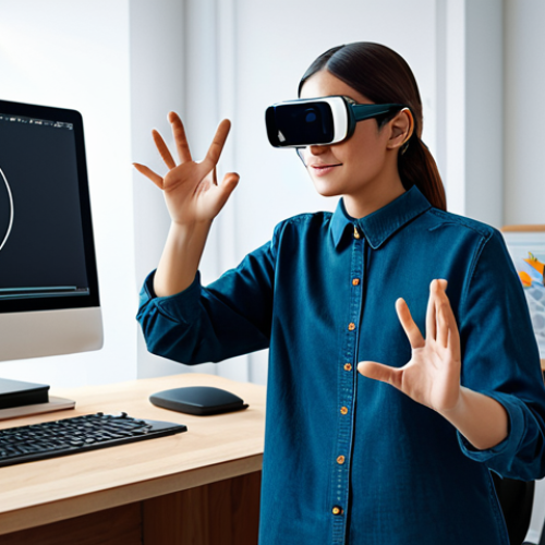 Home 18 Graphic Designer in AR Workspace**
"A graphic designer wearing modest clothing, using augmented reality glasses to manipulate a 3D model with hand gestures, surrounded by virtual design tools in a clean, modern studio. Fully clothed, appropriate attire, safe for work, perfect anatomy, well-formed hands, natural proportions, professional, high quality render, family-friendly."
**
