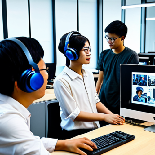 Home 9 **
A group of university students in Malaysia collaborating on an Augmented Reality (AR) project in a modern computer lab. They are using headsets and interacting with digital models overlaid on the real world. The scene showcases diverse students working together, surrounded by computers and tech equipment. Fully clothed, appropriate attire, safe for work, perfect anatomy, natural proportions, family-friendly, high resolution.
**