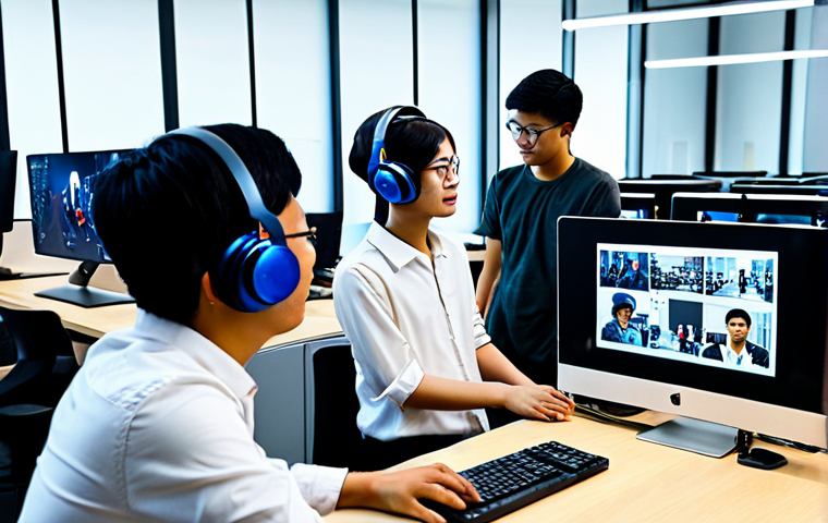 **
A group of university students in Malaysia collaborating on an Augmented Reality (AR) project in a modern computer lab. They are using headsets and interacting with digital models overlaid on the real world. The scene showcases diverse students working together, surrounded by computers and tech equipment. Fully clothed, appropriate attire, safe for work, perfect anatomy, natural proportions, family-friendly, high resolution.
**